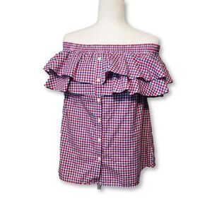 Petersyn Top Red White & Blue Gingham Check Off The Shoulder Ruffle Top XS